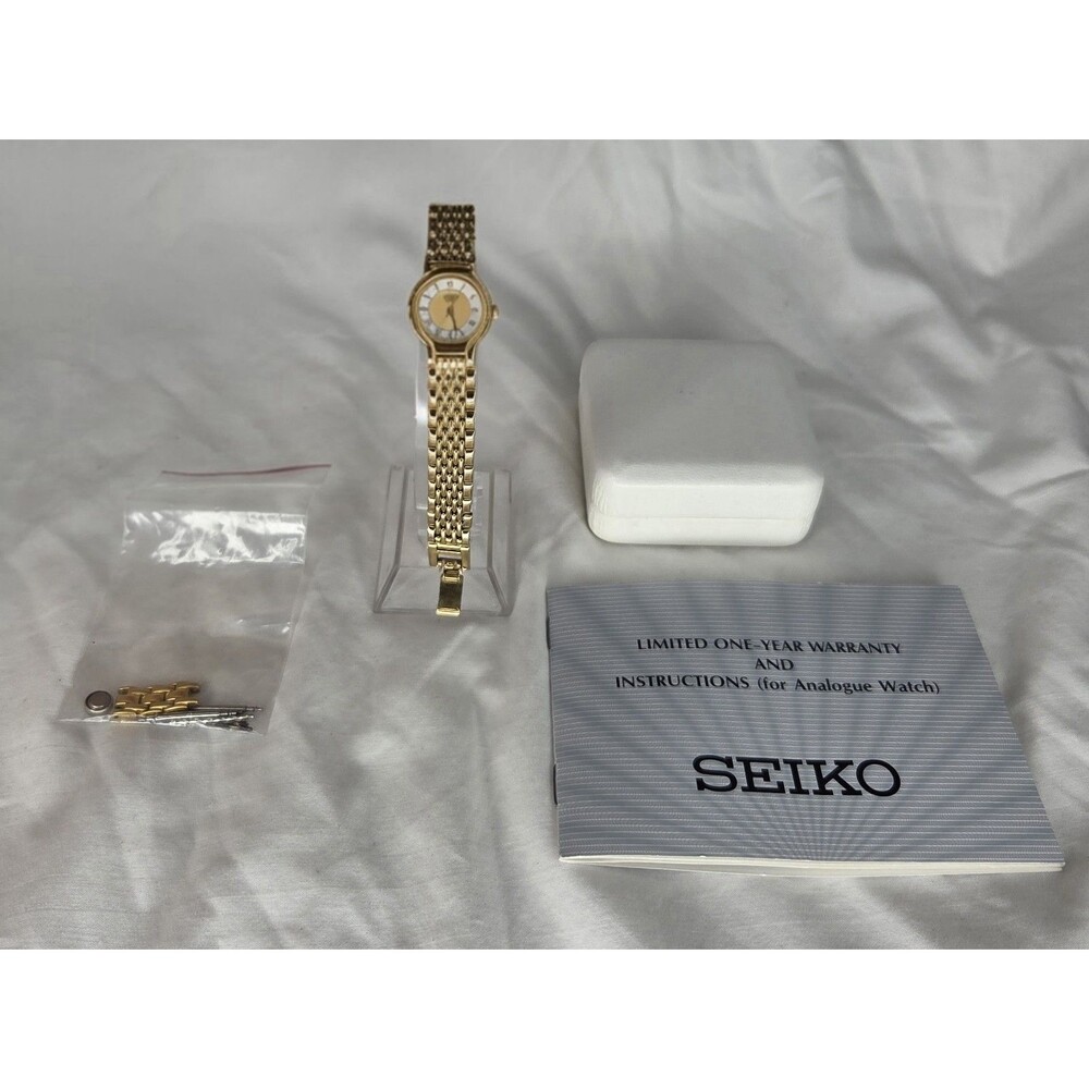 Vintage Seiko Watch Women 19mm White Dial Gold Tone Round V401-0289